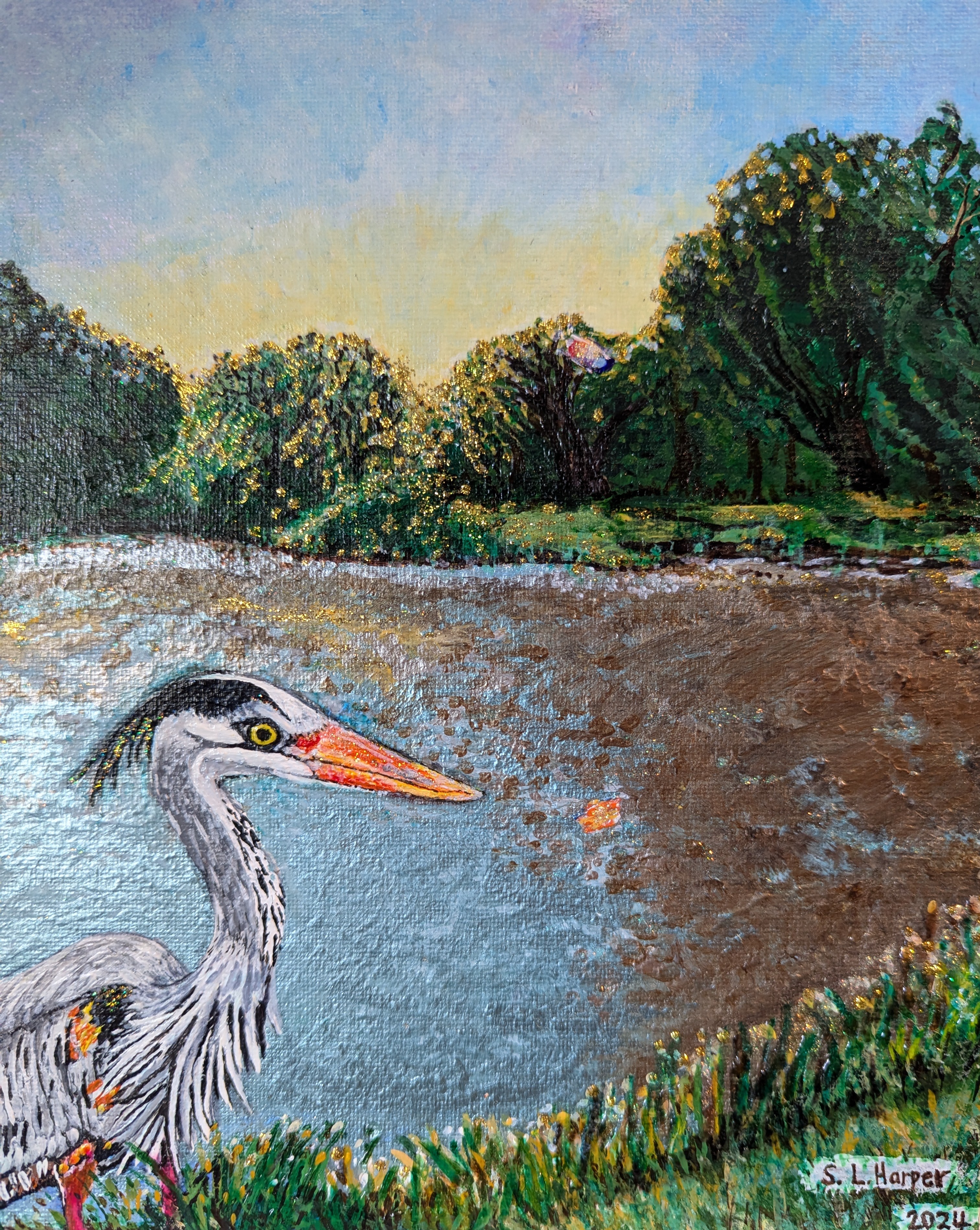 Cover illustration for Scarecrow Sees, a poetry chapbook by Robert Okaji. Illustration features a great blue heron in the foreground of a creek landscape during sunset.