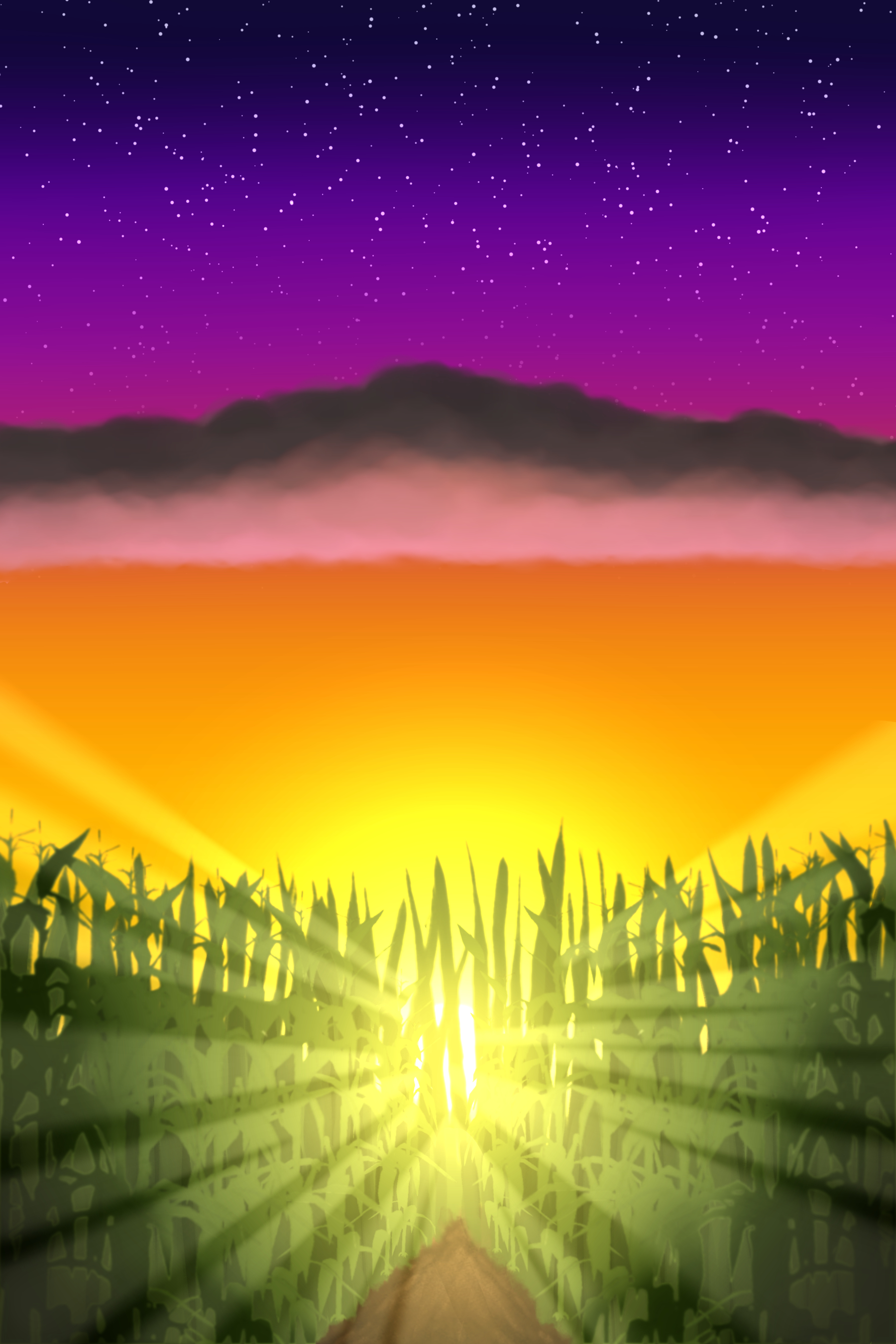 Digital illustration of the sun setting behind a cornfield, shafts of light bleeding through the stalks, fading to a distant thunderhead and starry night sky beyond.